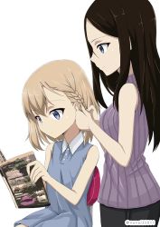 Rule 34 | 10s, 2girls, adjusting another&#039;s hair, black hair, black pants, blonde hair, blue dress, blue eyes, braid, casual, chair, closed mouth, collared dress, commentary, dress, girls und panzer, holding, holding magazine, katyusha (girls und panzer), light frown, long hair, looking at another, magazine (object), multiple girls, nonna (girls und panzer), one-hour drawing challenge, pants, ribbed sweater, shibagami, short dress, short hair, side braid, simple background, sitting, sleeveless, sleeveless dress, smile, standing, sweater, swept bangs, twitter username, white background