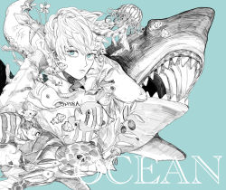 Rule 34 | 1boy, animal request, blue background, blue eyes, closed mouth, clownfish, commentary request, english text, expressionless, fish, flower, greyscale with colored background, highres, jellyfish, kamomiland, long sleeves, looking at viewer, male focus, monochrome, original, sea turtle, shark, short hair, simple background, solo, spot color, sweat, tropical fish, turtle