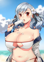 Rule 34 | 1girl, absurdres, bare shoulders, beach, belly, bikini, black ribbon, breasts, clothing cutout, cloud, collarbone, day, eating, flower, food, girls&#039; frontline, hair flower, hair ornament, hair ribbon, highres, hitch (perotoss), hood, hoodie, huge breasts, ice cream, long hair, long sleeves, looking at viewer, ocean, off shoulder, official alternate costume, open clothes, open hoodie, open mouth, outdoors, popsicle, red eyes, ribbon, side-tie bikini bottom, silver hair, skindentation, sky, solo, spas-12 (girls&#039; frontline), spas-12 (midsummer fruit) (girls&#039; frontline), spill, strapless, strapless bikini, swept bangs, swimsuit, underboob cutout, wavy hair, white bikini