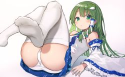 Rule 34 | 1girl, ass, blue skirt, blush, breasts, detached sleeves, feet, foot out of frame, foreshortening, frog, frog hair ornament, green eyes, green hair, hair ornament, hair tubes, highres, japanese clothes, kochiya sanae, long hair, looking at viewer, mamemochi, miniskirt, no shoes, panties, shirt, simple background, sitting, skirt, snake, snake hair ornament, soles, solo, thighhighs, thighs, touhou, underwear, white background, white panties, white thighhighs