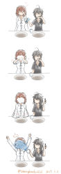 Rule 34 | 2019, 2girls, 4koma, ^^^, ahoge, alternate costume, anchor print, arms up, black hair, black shirt, breasts, brown hair, brushing teeth, bubble, collarbone, comic, commentary request, cup, dated, hair down, hair over shoulder, highres, holding, holding cup, holding toothbrush, kantai collection, long hair, long sleeves, messy hair, motion lines, multiple girls, pajamas, polo shirt, shanghmely, shigure (kancolle), shiratsuyu (kancolle), shirt, short sleeves, simple background, sink, sleepy, splashing, toothbrush, toothpaste, twitter username, upper body, water, white background, white shirt