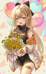 Rule 34 | 1girl, absurdres, artist request, balloon, bare shoulders, black shirt, black skirt, blonde hair, bouquet, bow, braid, breasts, commission, cowboy shot, crop top, fang, flower, grey eyes, hair bow, highres, holding, holding bouquet, jacket, jewelry, large breasts, long hair, long sleeves, looking at viewer, midriff, miniskirt, necklace, off shoulder, open clothes, open jacket, open mouth, original, pleated skirt, second-party source, shirt, sidelocks, skindentation, skirt, sleeveless, sleeveless shirt, smile, solo, sonya (schan), thigh strap, thighs, very long hair, white jacket, yellow flower