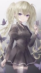 Rule 34 | 1girl, black choker, black dress, black thighhighs, blush, bug, butterfly, butterfly on hand, choker, corset, cross, cross choker, dress, grey background, highres, hoshina utau, insect, long hair, long sleeves, looking at viewer, multicolored background, open mouth, paruno, purple butterfly, shugo chara!, thighhighs, twintails, white background