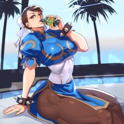 Rule 34 | 1girl, bracelet, breasts, brown hair, bun cover, capcom, china dress, chinese clothes, chun-li, double bun, dress, drink, drinking, hair bun, highres, holding, holding drink, jewelry, large breasts, muscular, muscular female, ogami, pantyhose, pelvic curtain, short hair, sitting, solo, spiked bracelet, spikes, street fighter, thick thighs, thighs