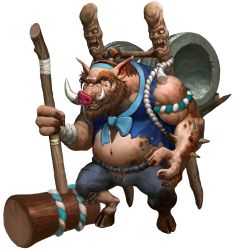 Rule 34 | 1boy, artist request, bandages, beard, chaos online, facial hair, full body, hammer, highres, hooves, male focus, navel, official art, pointy ears, red eyes, solo, transparent background, tubalkein, tusks, warthog