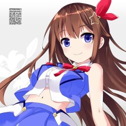 Rule 34 | 1girl, absurdres, bare shoulders, blue skirt, blue vest, blush, bow, breasts, brown hair, closed mouth, collared shirt, commentary request, dress shirt, dutch angle, floral background, gradient background, grey background, hair between eyes, hair ornament, hair ribbon, highres, hololive, long hair, looking at viewer, medium breasts, midriff, navel, pleated skirt, purple eyes, qr code, red bow, red ribbon, ribbon, shirt, skirt, sleeveless, sleeveless shirt, smile, solo, star (symbol), star hair ornament, tokino sora, tokino sora (1st costume), twitter username, very long hair, vest, virtual youtuber, white shirt, yamaguchi shinnosuke