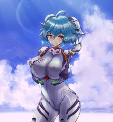Rule 34 | 1girl, absurdres, ahoge, ayanami rei, ayanami rei (cosplay), blue hair, blue sky, bodysuit, breasts, cameltoe, cosplay, covered erect nipples, ganyu (genshin impact), genshin impact, hand on own chest, headgear, highres, horns, huge filesize, impossible bodysuit, impossible clothes, large breasts, looking at viewer, neon genesis evangelion, parted lips, plugsuit, purple eyes, short hair, skin tight, sky, smile, solo, standing, t3x, white bodysuit