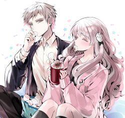 Rule 34 | 1boy, 1girl, absurdres, bbing, blush, cardigan, collared shirt, eating, flower, flower ornament, food, fuyusaka iori, grey eyes, hair flower, hair ornament, highres, holding, holding food, juusan kihei bouei ken, long hair, marshmallow, roasted marshmallow, sekigahara ei, shirt, simple background, smile, white hair