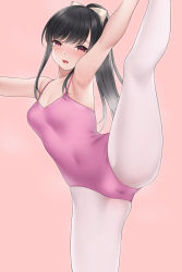 Rule 34 | 1girl, :d, absurdres, arm up, armpits, ballet, bare arms, bare shoulders, black hair, blush, bow, cameltoe, commentary request, covered navel, hair bow, highres, leg up, leotard, long hair, looking at viewer, open mouth, original, pantyhose, pink background, pink leotard, ponytail, pussy juice stain, red eyes, ren san, simple background, smile, solo, split, standing, standing on one leg, standing split, very long hair, white bow, white pantyhose