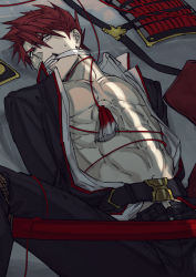 Rule 34 | 10s, 1boy, abs, bad id, bad pixiv id, bdsm, bound, gagged, looking at another, lying, male focus, navel, on back, ookanehira (touken ranbu), open clothes, red hair, shade, solo focus, spiked hair, tassel, tears, toned, toned male, touken ranbu
