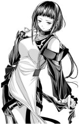 Rule 34 | 00s, 1girl, blunt bangs, blush, breasts, choker, detached sleeves, female focus, fishnets, frown, greyscale, long hair, monochrome, my-hime, my-otome, ninja, okuzaki akira, ponytail, solo, thigh strap, white background