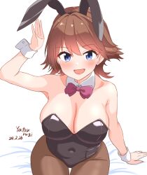 Rule 34 | 1girl, alternate costume, animal ears, artist name, bare shoulders, black leotard, blue eyes, bow, bowtie, breasts, brown pantyhose, cleavage, covered navel, cowboy shot, dated, detached collar, flipped hair, hiei (kancolle), kantai collection, large breasts, leotard, open mouth, pantyhose, pink eyes, playboy bunny, rabbit ears, short hair, simple background, sitting, smile, solo, strapless, strapless leotard, thigh gap, white background, wrist cuffs, yatsurugi
