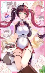 Rule 34 | 1girl, ahoge, animal ears, bare shoulders, black gloves, breasts, breasts squeezed together, brown hair, character request, colored inner hair, commentary request, covered navel, cup, dress, elbow gloves, fingerless gloves, gloves, hair ornament, hairclip, hat, heart, heart hands, highres, holding, holding cup, horse ears, houchi shoujo, kneeling, large breasts, mole, mole under eye, multicolored hair, pelvic curtain, pi tayuko, pink hair, raccoon, short dress, solo, split-color hair, taut clothes, taut dress, twintails, two-tone hair, two side up, white dress, white hat