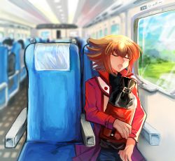 Rule 34 | 1boy, bag, black shirt, blonde hair, brown hair, closed eyes, drooling, duel academy uniform (yu-gi-oh! gx), facing viewer, hair between eyes, holding, holding bag, indoors, jacket, long sleeves, multicolored hair, open clothes, open jacket, open mouth, red jacket, shirt, sitting, sk816, sleeping, solo focus, train interior, two-tone hair, yu-gi-oh!, yu-gi-oh! gx, yuki judai