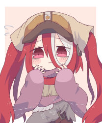 Rule 34 | 1girl, ameamee69, animal ears, blush, chibi, closed mouth, flying sweatdrops, hair between eyes, hair through headwear, hands up, hat, headdress, highres, long hair, long sleeves, looking at viewer, made in abyss, multicolored hair, red eyes, robe, simple background, sleeves past wrists, solo, streaked hair, twintails, very long hair, vueko, wavy mouth, white hair