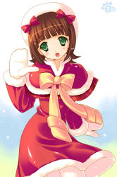 Rule 34 | 00s, 1girl, amami haruka, bad id, bad pixiv id, brown hair, capelet, christmas, female focus, gloves, gradient background, green eyes, idolmaster, idolmaster (classic), mame-p, mittens, santa costume, solo, white mittens