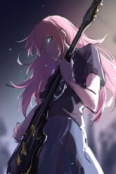Rule 34 | 1girl, angelique, blue eyes, blurry, blurry background, bocchi the rock!, glowing, glowing eyes, gotoh hitori, guitar, highres, instrument, long hair, music, pink hair, playing instrument, plectrum, shaded face, shirt, sketch, skirt, solo, sweatdrop, t-shirt, very long hair