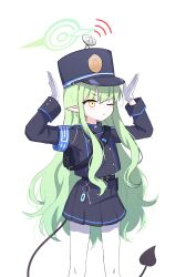 Rule 34 | 1girl, absurdres, black hat, black shirt, black skirt, black tail, blue archive, blush, character request, closed mouth, demon tail, earrings, feet out of frame, gloves, green hair, green halo, halo, hat, highres, jewelry, kiroshi, long hair, long sleeves, pantyhose, peaked cap, pleated skirt, pointy ears, revision, shirt, simple background, skirt, solo, tail, white background, white gloves, white pantyhose, yellow eyes