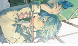Rule 34 | 1boy, bishounen, blue butterfly, blue eyes, blue hair, bug, butterfly, doran (doran7280), framed insect, highres, idolish7, insect, long sleeves, looking at viewer, lying, male focus, picture frame, profile, short hair, solo, yotsuba tamaki