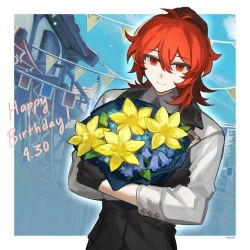 Rule 34 | 1boy, blue flower, bouquet, building, closed mouth, cloud, cloudy sky, collared shirt, commentary request, dated, day, diluc (genshin impact), english text, flower, genshin impact, gloves, hair between eyes, happy birthday, holding, holding bouquet, iwis, light particles, long hair, long sleeves, looking at viewer, male focus, outdoors, outside border, red eyes, red hair, shirt, sky, smile, solo, vest, white shirt, yellow flower