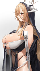 Rule 34 | 1girl, azur lane, bare shoulders, black gloves, blonde hair, blush, breasts, closed mouth, covered navel, from side, gloves, habit, hair between eyes, halo, highres, horns, implacable (azur lane), large breasts, long hair, nhaliz, nun, off shoulder, patreon username, pelvic curtain, red eyes, signature, simple background, skindentation, smile, solo, very long hair, watermark, wavy hair, web address, white background, wide sleeves
