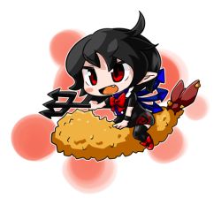 Rule 34 | 1girl, asymmetrical wings, black hair, black thighhighs, byourou, chibi, dress, food, houjuu nue, open mouth, polearm, red eyes, short hair, smile, solo, tempura, thighhighs, touhou, trident, weapon, wings