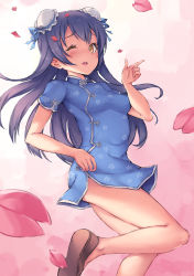 Rule 34 | 10s, 1girl, blue hair, brown eyes, bun cover, cherry blossoms, china dress, chinese clothes, d;, dress, long hair, love live!, love live! school idol festival, love live! school idol project, one eye closed, open mouth, parfaitlate, pink background, solo, sonoda umi, thighs