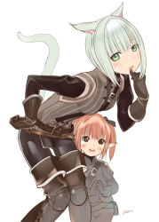 Rule 34 | 10s, 2girls, animal ears, boots, brown eyes, final fantasy, final fantasy xiv, gloves, green eyes, grey hair, lalafell, miqo&#039;te, multiple girls, open mouth, pointy ears, red hair, robina, square enix, tail, twintails, warrior of light (ff14)
