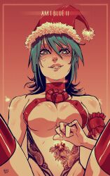 Rule 34 | 1girl, absurdres, aqua (kingdom hearts), areola slip, armband, blue eyes, blue hair, breasts, commentary, covered erect nipples, drooling, english commentary, hair between eyes, hat, heart, heart-shaped pupils, highres, holding, kingdom hearts, large breasts, nipples, red ribbon, red thighhighs, revealing clothes, ribbon, santa hat, signature, solo, spread legs, steadyknight, symbol-shaped pupils, thighhighs