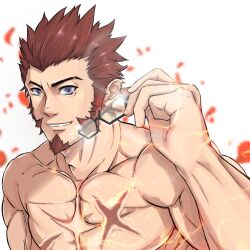 Rule 34 | 1boy, bara, blue eyes, brown hair, cross scar, unworn eyewear, facial hair, fate/grand order, fate (series), gatta (gatta reve cat), glasses, goatee, hand up, holding, holding removed eyewear, long sideburns, looking at viewer, male focus, mature male, muscular, muscular male, napoleon bonaparte (fate), nude, petals, rose petals, scar, scar on chest, short hair, sideburns, smile, solo, sparkle, thick eyebrows, upper body