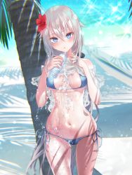 Rule 34 | 1girl, 9a-91 (girls&#039; frontline), absurdres, alternate costume, beach, bikini, blue bikini, blue eyes, blurry, blurry background, bottle, breasts, commentary request, cowboy shot, depth of field, duplicate, flower, girls&#039; frontline, hair between eyes, hair flower, hair ornament, hands on own chest, highres, jewelry, long hair, looking at viewer, low ponytail, lowleg, lowleg bikini, navel, outdoors, palm tree, parted lips, pottsness, ring, side-tie bikini bottom, silver hair, small breasts, solo, sparkle, string bikini, swimsuit, tree, very long hair, water bottle, wet