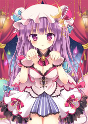 Rule 34 | 1girl, :3, alternate costume, bad id, bad pixiv id, breasts, brooch, choker, cleavage, corset, crescent, curtains, cushion, dress, female focus, hat, jewelry, long hair, mayo (miyusa), patchouli knowledge, paw pose, purple eyes, purple hair, ribbon, solo, star (symbol), touhou