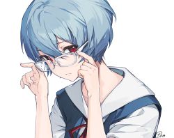 Rule 34 | 1girl, arms up, ayanami rei, blue hair, bow, closed mouth, commentary request, unworn eyewear, glasses, hair between eyes, holding, holding removed eyewear, looking at viewer, nagu, neon genesis evangelion, red bow, red eyes, red neckwear, school uniform, short hair, solo, tokyo-3 middle school uniform, upper body, white-framed eyewear