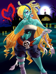 Rule 34 | 1girl, bandages, belt, blonde hair, blue eyes, blue skin, centaurhillzone, colored skin, earrings, hair ornament, hair over one eye, hairband, hand on own hip, highres, house of the dead, house of the dead ex, jewelry, long hair, moon, nail polish, navel, night, night sky, sega, sky, smile, torn clothes, very long hair, zobiko, zombie, zombie girl