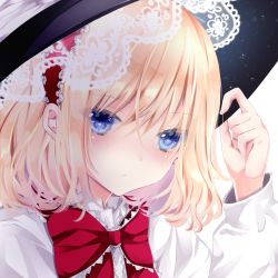 Rule 34 | 1girl, alice margatroid, bad id, bad pixiv id, black headwear, blonde hair, blue eyes, bow, capelet, frilled hairband, frills, hair between eyes, hairband, hand on headwear, hand up, hat, long sleeves, nanase nao, puffy long sleeves, puffy sleeves, red bow, red hairband, simple background, solo, touhou, upper body, white background, white capelet, witch hat