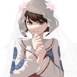 1girl brown_eyes brown_hair clenched_hands flower hair_flower hair_ornament highres long_sleeves looking_at_viewer sailor_collar sengoku_basara shirt short_hair simple_background smile solo surushiru tsuruhime_(sengoku_basara) upper_body veil white_background white_sailor_collar white_shirt