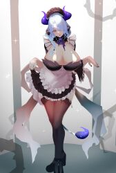 Rule 34 | 1girl, absurdres, akimoto8, animal ears, apron, black dress, black footwear, black nails, blue hair, braid, braided ponytail, breasts, cow ears, cow girl, cow horns, cow tail, dress, frilled dress, frills, hair over one eye, high heels, highres, horns, huge breasts, indie virtual youtuber, long hair, maid, maid headdress, miilkywayz, mole, mole on breast, skirt hold, solo, tail, thighhighs, tongue, virtual youtuber, white apron