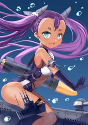 Rule 34 | 1girl, :d, air bubble, arm strap, ass, asymmetrical gloves, azur lane, bare shoulders, blue background, blue eyes, bluegill (azur lane), blush, breasts, bubble, carrying, center opening, commentary, cowboy shot, dark-skinned female, dark skin, detached collar, elbow gloves, fang, forehead, gloves, hair ornament, hair strand, highres, long hair, looking at viewer, mg42cat-k1ng, mismatched gloves, navel, one-piece swimsuit, open hand, open mouth, purple gloves, purple hair, purple one-piece swimsuit, short eyebrows, simple background, sitting, skin fang, small breasts, smile, solo, strap, swimsuit, thigh strap, torpedo, turret, twintails, white gloves