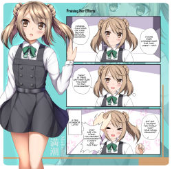 Rule 34 | &gt; &lt;, 1girl, belt, blush, bow, bowtie, collared shirt, comic, commentary, double bun, dress, english commentary, english text, green bow, green bowtie, hair bun, hand on another&#039;s head, kantai collection, light brown hair, long sleeves, looking at viewer, michishio (kancolle), pinafore dress, remodel (kantai collection), sheita, shirt, sidelocks, sleeveless dress, solo, swept bangs, white shirt, yellow eyes