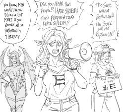 Rule 34 | 3girls, baseball cap, bb (baalbuddy), breasts, cleavage, closed eyes, closed mouth, commentary, contrapposto, d:, demon girl, demon horns, demon wings, denim, elf, english commentary, english text, eye of providence, greyscale, hair over one eye, hand on own hip, hat, highres, holding, holding sign, horns, illuminati, jeans, large breasts, leotard, make america great again, megaphone, monochrome, multiple girls, open mouth, original, pants, parody, pointy ears, qanon, shirt, sign, sweat, tears, thigh gap, thighhighs, trembling, triangle mouth, wide-eyed, wings, wristband