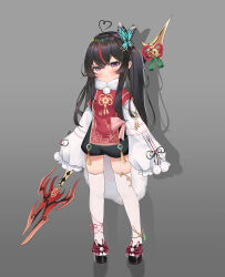 Rule 34 | 1girl, absurdres, ahoge, black hair, blush, butterfly hair ornament, child, chinese clothes, chinese commentary, closed mouth, frilled sleeves, frills, full body, garter straps, grey background, hair ornament, heart, heart ahoge, highres, holding, holding polearm, holding weapon, long sleeves, looking at viewer, multicolored hair, original, polearm, purple eyes, red hair, sandals, sheng taoren, simple background, single garter strap, sleeves past fingers, sleeves past wrists, smile, solo, spear, standing, streaked hair, thighhighs, twintails, weapon, white thighhighs, zouri