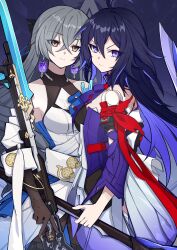 Rule 34 | 2girls, absurdres, angry, black hair, blue eyes, blue hair, bronya rand, brown eyes, closed mouth, colored inner hair, grey hair, highres, holding, holding weapon, honkai: star rail, honkai (series), long hair, long sleeves, looking at viewer, multicolored hair, multiple girls, mutsu aya, seele (honkai: star rail), smile, star (symbol), starry background, weapon