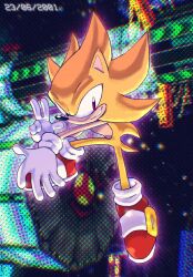 Rule 34 | 1boy, absurdres, cynicallysly, dated, furry, furry male, gloves, highres, looking at viewer, shoes, solo, sonic (series), sonic the hedgehog, super sonic, v, white gloves
