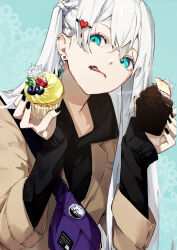 Rule 34 | :q, aqua background, aqua eyes, black nails, black shirt, brown jacket, cake, closed mouth, commentary request, cupcake, dangle earrings, ear piercing, earrings, fanny pack, food, food on face, hair ornament, hands up, heart, heart hair ornament, highres, holding, holding cake, holding food, jacket, jewelry, long hair, long sleeves, looking ahead, multiple earrings, nail polish, one side up, original, piercing, purple bag, shirt, simple background, sleeves past wrists, stud earrings, tongue, tongue out, twitter username, upper body, white hair, yagi (shiro yagi)