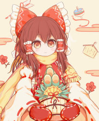 Rule 34 | 1girl, arrow (projectile), ascot, bow, brown hair, commentary request, egasumi, flower, frilled bow, frilled hair tubes, frills, hair bow, hair tubes, hakurei reimu, highres, light blush, long hair, looking at viewer, mittens, open mouth, red bow, red flower, red mittens, ribbon-trimmed sleeves, ribbon trim, ro.ro, scarf, solo, spinning top, touhou, yellow eyes, yellow scarf