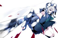 Rule 34 | 1girl, action, ascot, blue skirt, blue vest, braid, collared shirt, from side, gloves, grey eyes, ikurauni, izayoi sakuya, knife, looking at viewer, maid headdress, miniskirt, motion blur, outstretched arm, reflection, shirt, short hair, short sleeves, side braid, silver hair, skirt, skirt set, solo, swept bangs, thigh gap, throwing, throwing knife, touhou, twin braids, vest, weapon, white background, white gloves, white shirt