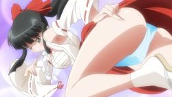 Rule 34 | 1girl, anime screenshot, ass, black hair, blue panties, breasts, cleavage, grey eyes, hair ribbon, hairdressing, hand on ass, highres, japanese clothes, large breasts, looking back, mai kagura, miko, panties, ponytail, r-15 (series), ribbon, sandals, sarashi, screencap, skirt, smile, solo, thighhighs, thighs, underwear