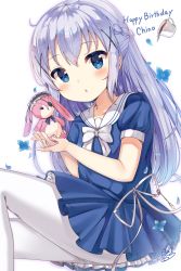 Rule 34 | 1girl, :o, absurdres, bad id, bad pixiv id, blue eyes, blue hair, blue skirt, blush, character name, coffee, coffee cup, commentary request, cup, disposable cup, gochuumon wa usagi desu ka?, hair ornament, happy birthday, highres, kafuu chino, long hair, looking at viewer, pantyhose, ruriruno, school uniform, short sleeves, simple background, skirt, solo, stuffed animal, stuffed rabbit, stuffed toy, white background, x hair ornament