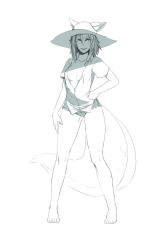 Rule 34 | absurdres, animal ears, breasts, collarbone, fangs, feet, fox ears, fox girl, fox tail, gluteal fold, greyscale, hand on own hip, hand on thigh, hat, highres, knees, legs, less, looking at viewer, monochrome, no bra, open clothes, open shirt, shaded face, shirt, short hair, short shorts, shorts, simple background, smile, smug, solo, standing, sun hat, tail, white background
