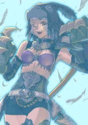 Rule 34 | 00s, 1girl, armpits, bare shoulders, beak, belt, bra, breasts, elbow gloves, fangs, feathers, female focus, final fantasy, final fantasy xi, gloves, gradient background, headdress, lingerie, mikhe aryohcha, mithra (ff11), purple hair, red eyes, shorts, solo, tail, thighhighs, underwear, weapon